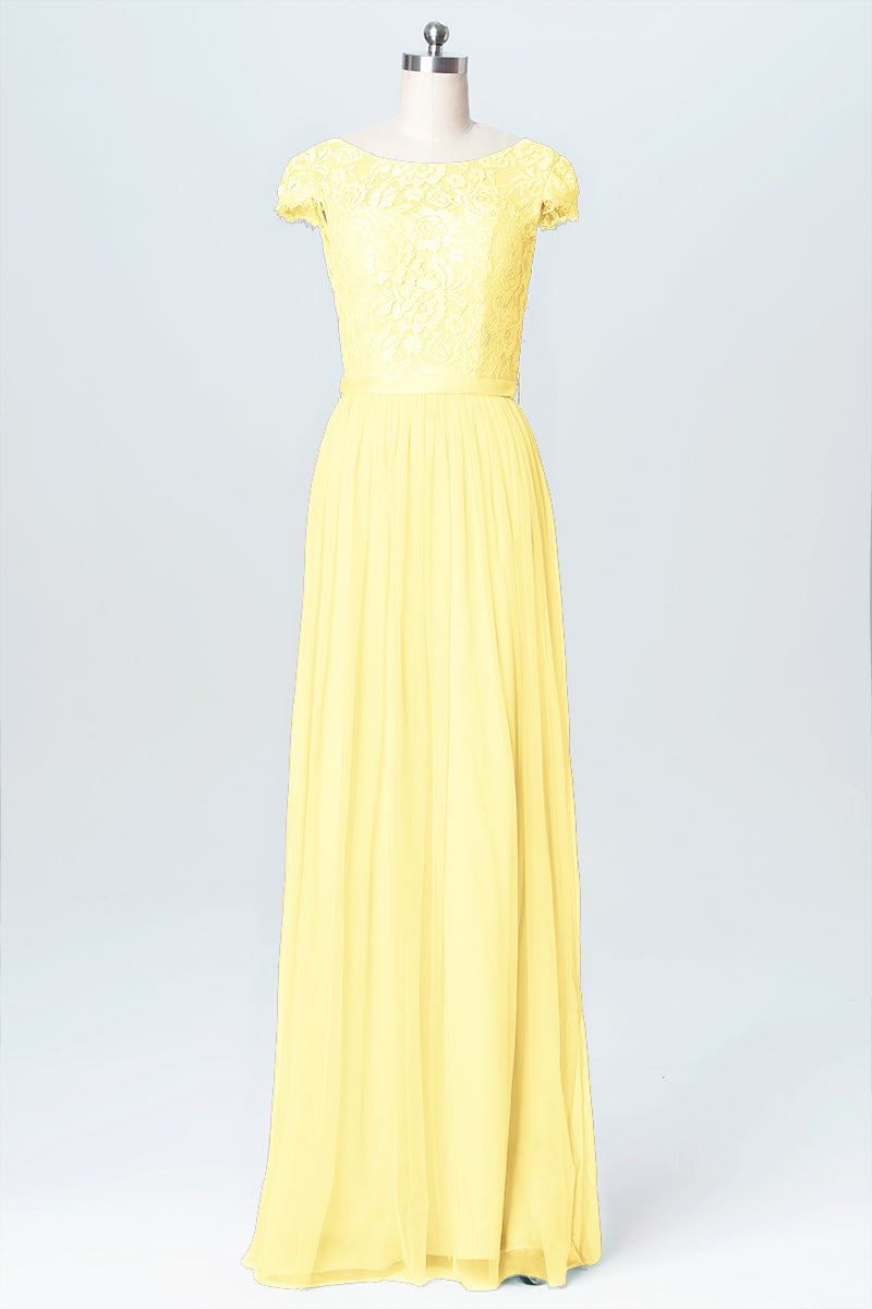 Lace Column Scoop Neck Cap Sleeve Bridesmaid Dress-B03063