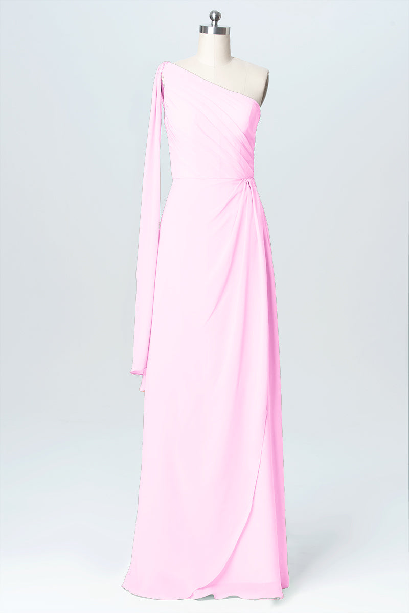 Chiffon Column One Shoulder Sleeveless Bridesmaid Dress-B03065