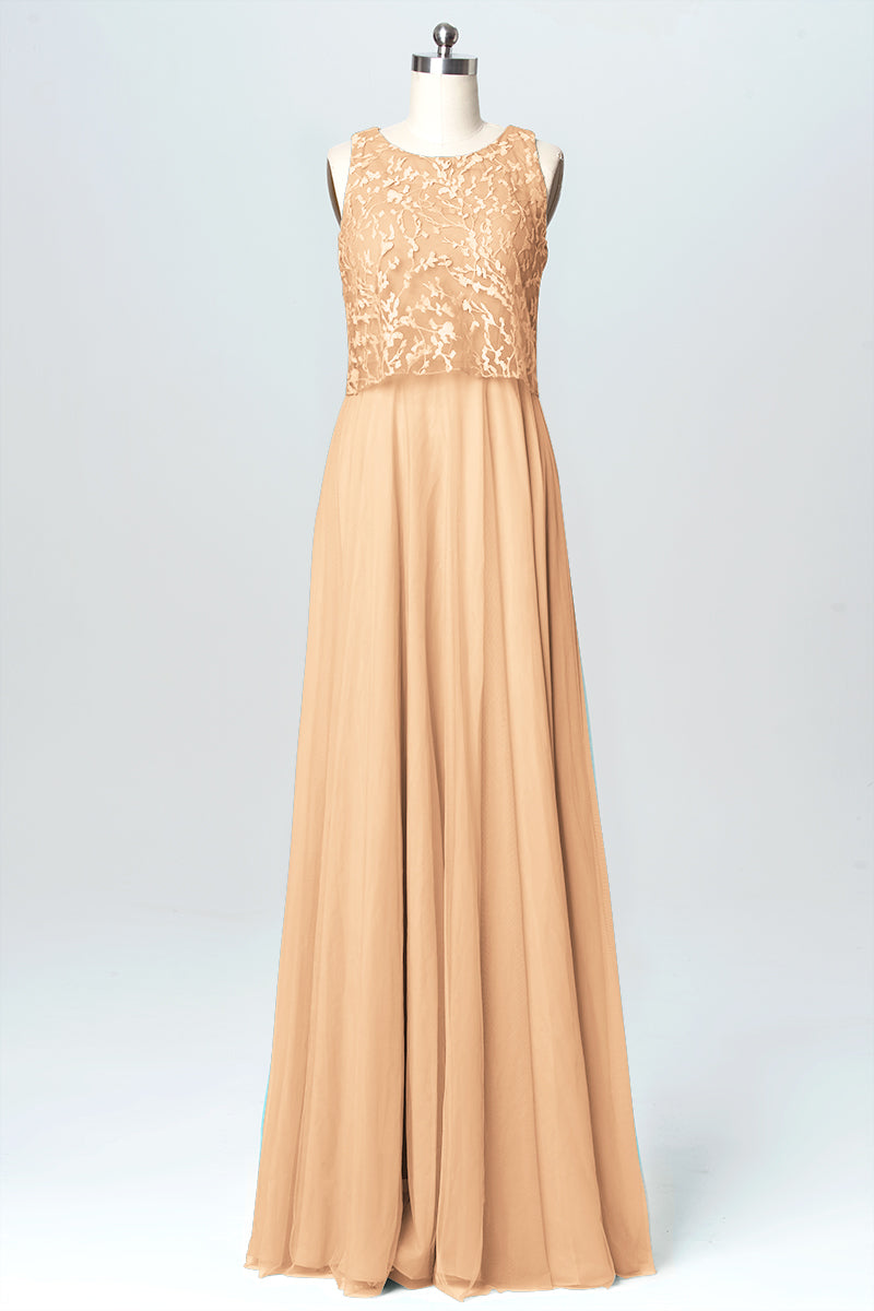 Lace Column Boat Neck Sleeveless Bridesmaid Dress-B03069