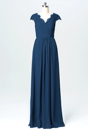 Lace Column V-Neck Cap Sleeves Bridesmaid Dress-B03072