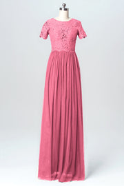 Lace Column Jewel Neck Short Sleeves Bridesmaid Dress-B03075