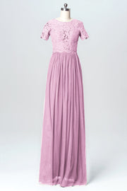 Lace Column Jewel Neck Short Sleeves Bridesmaid Dress-B03075