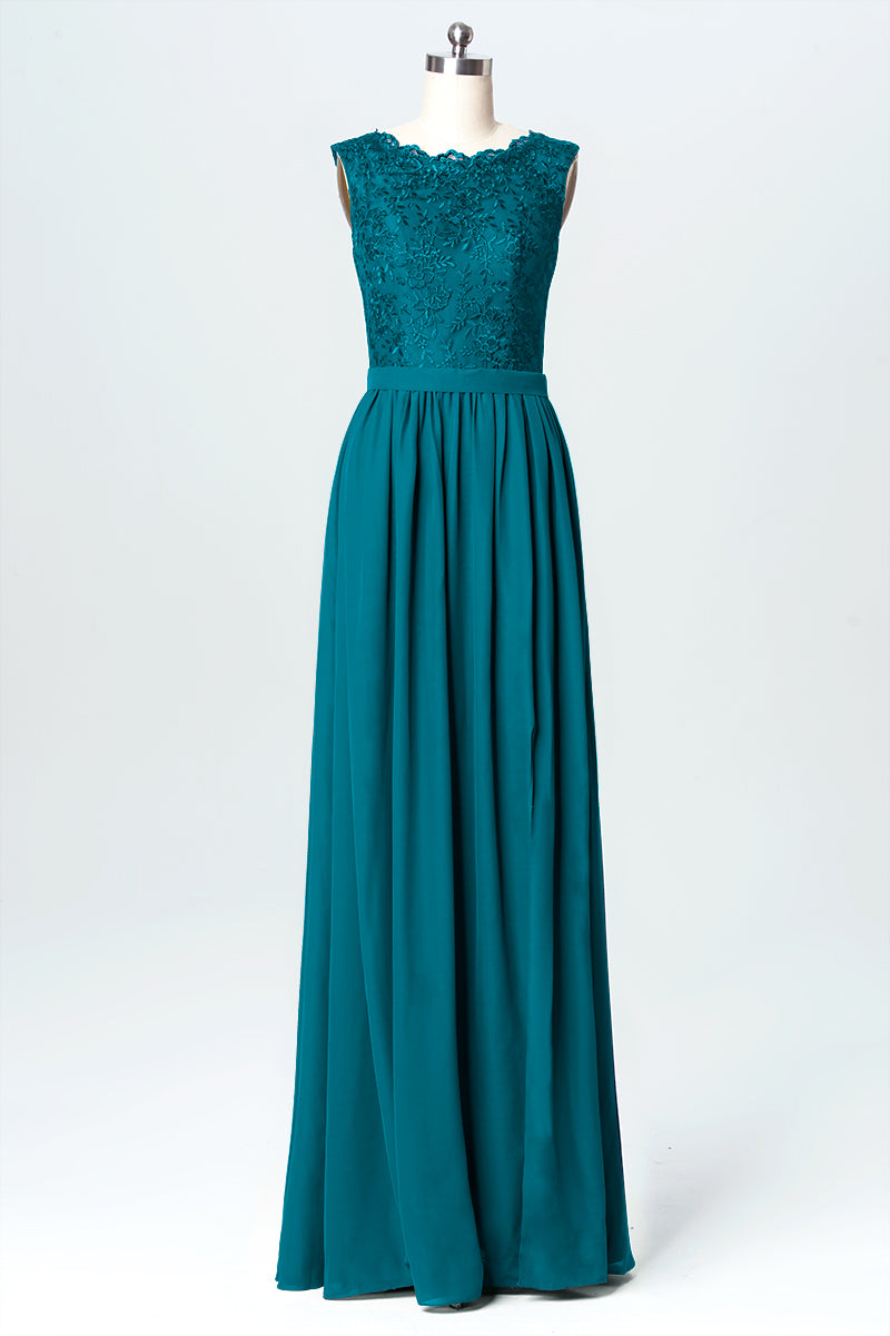 Lace Column Jewel Neck Sleeveless Bridesmaid Dress-B03076