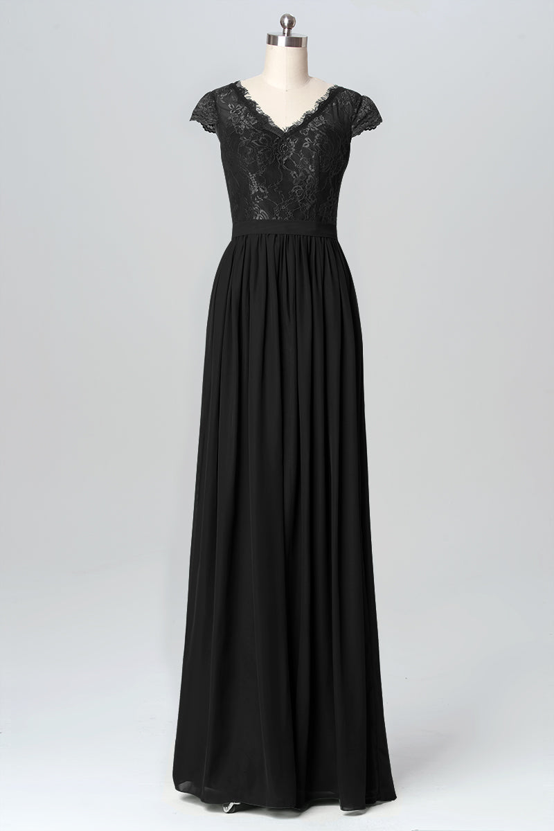 bridesmaid dresses with cap sleeves and lace Chic Cap Sleeves Illusion Lace Aline Bridesmaid Dress Floor Length Chiffon Evening Dress