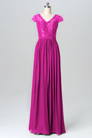 Lace Column V-Neck Cap Sleeves Bridesmaid Dress-B03081