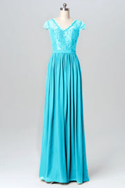 Lace Column V-Neck Cap Sleeves Bridesmaid Dress-B03081