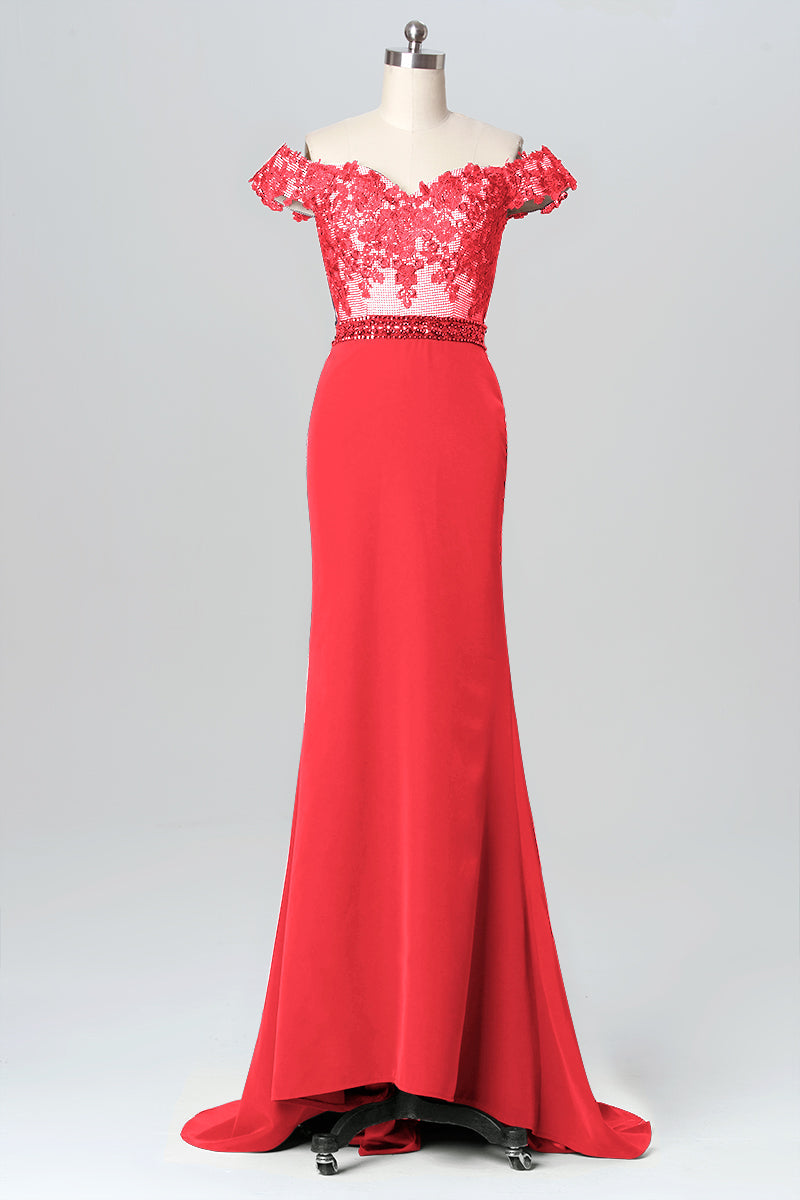 Lace Column Off the Shoulder Sleeveless Bridesmaid Dress-B03084