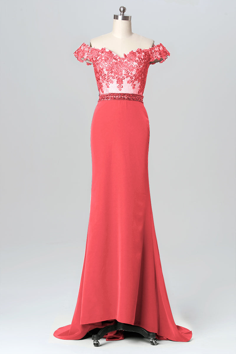 Lace Column Off the Shoulder Sleeveless Bridesmaid Dress-B03084