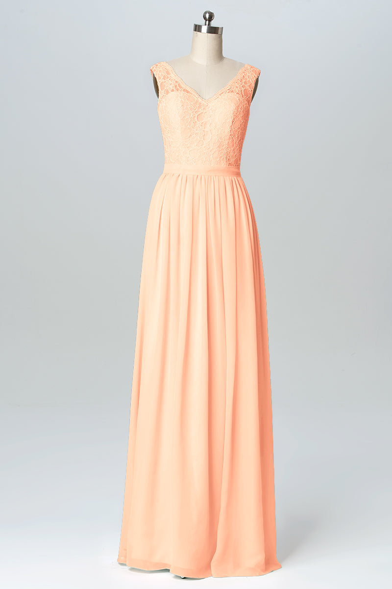 Lace Column V-Neck Sleeveless Bridesmaid Dress-B03089