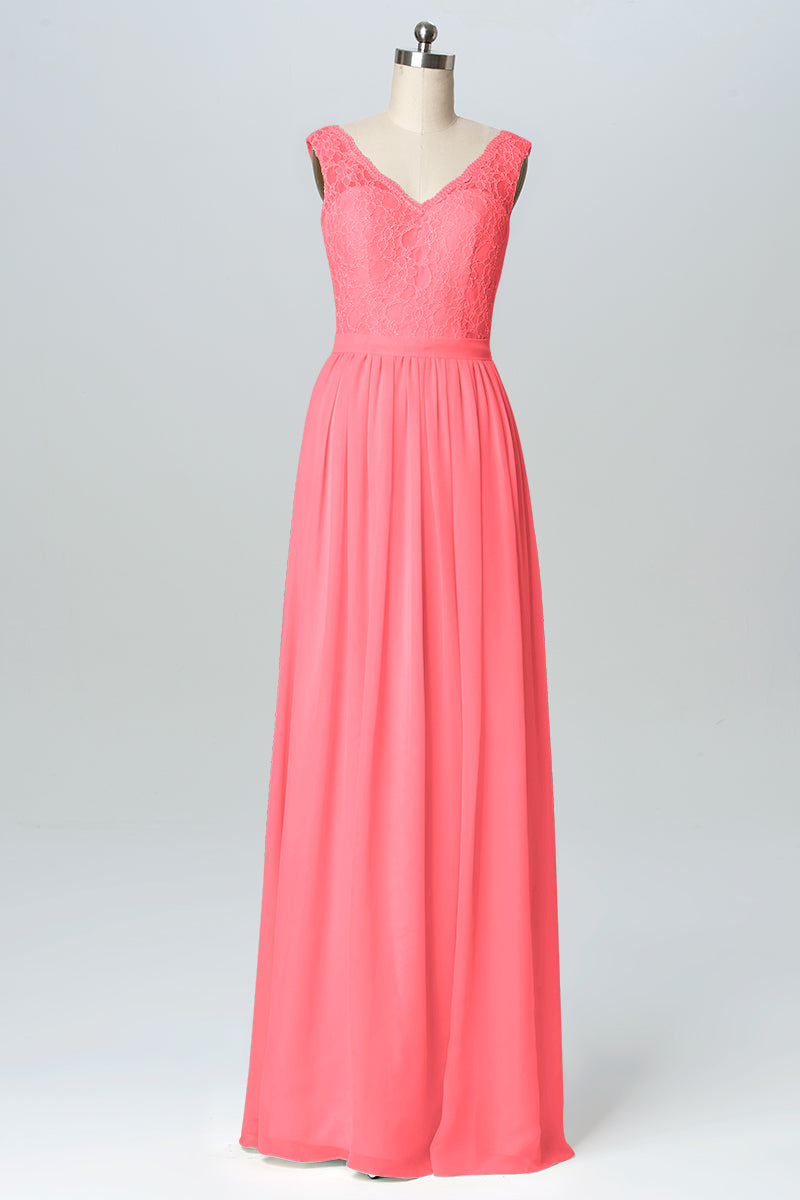 Lace Column V-Neck Sleeveless Bridesmaid Dress-B03089