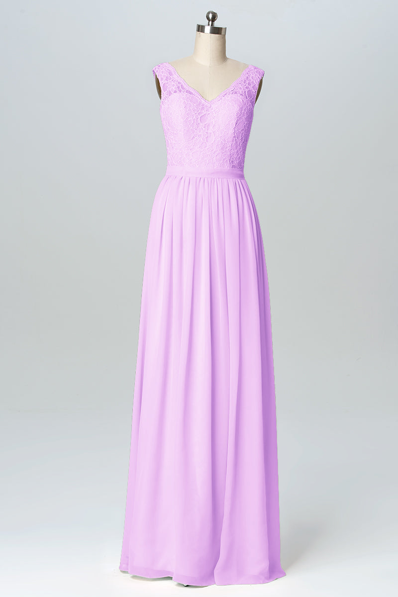 Lace Column V-Neck Sleeveless Bridesmaid Dress-B03089