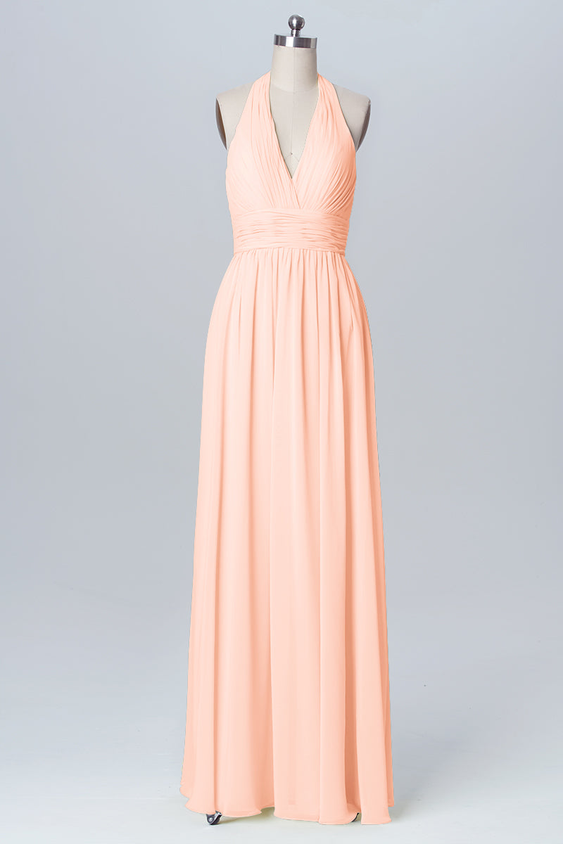 Chiffon Column Halter Sleeveless Bridesmaid Dress-B03091