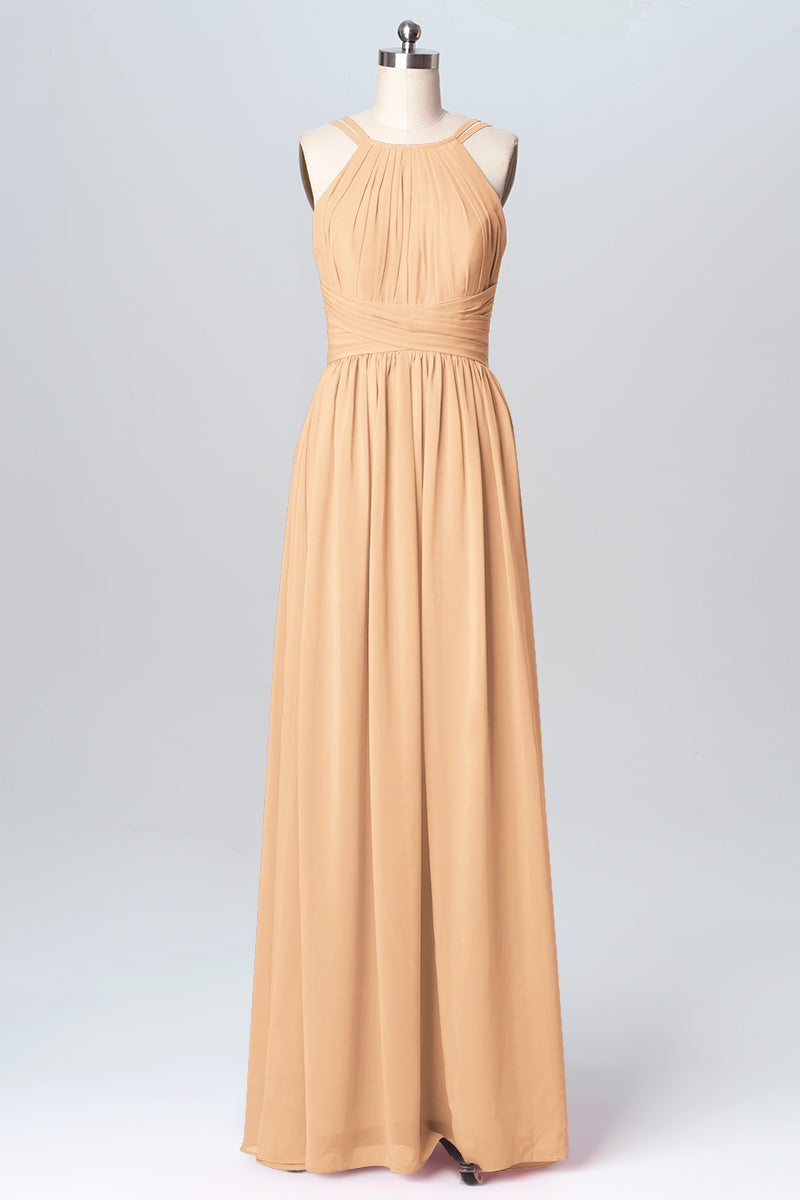 Chiffon Column Spaghetti Straps Sleeveless Bridesmaid Dress-B03094