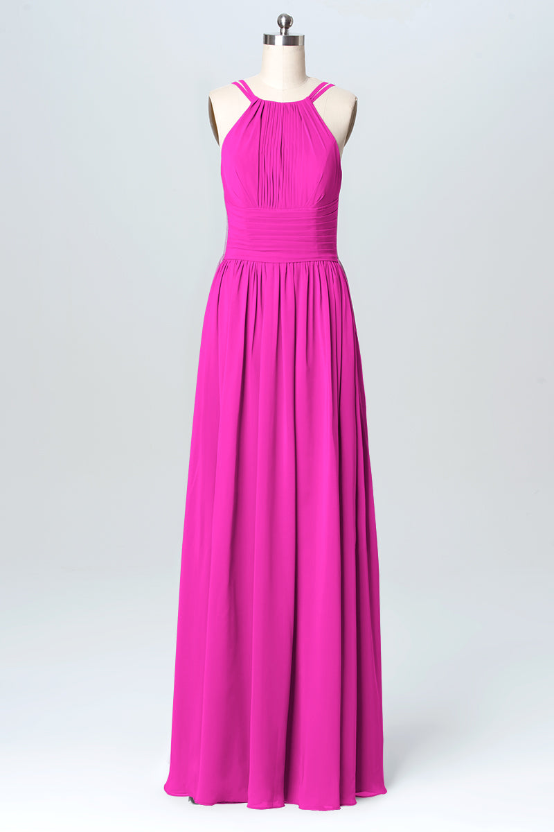 Chiffon Column Halter Sleeveless Bridesmaid Dress-B03095