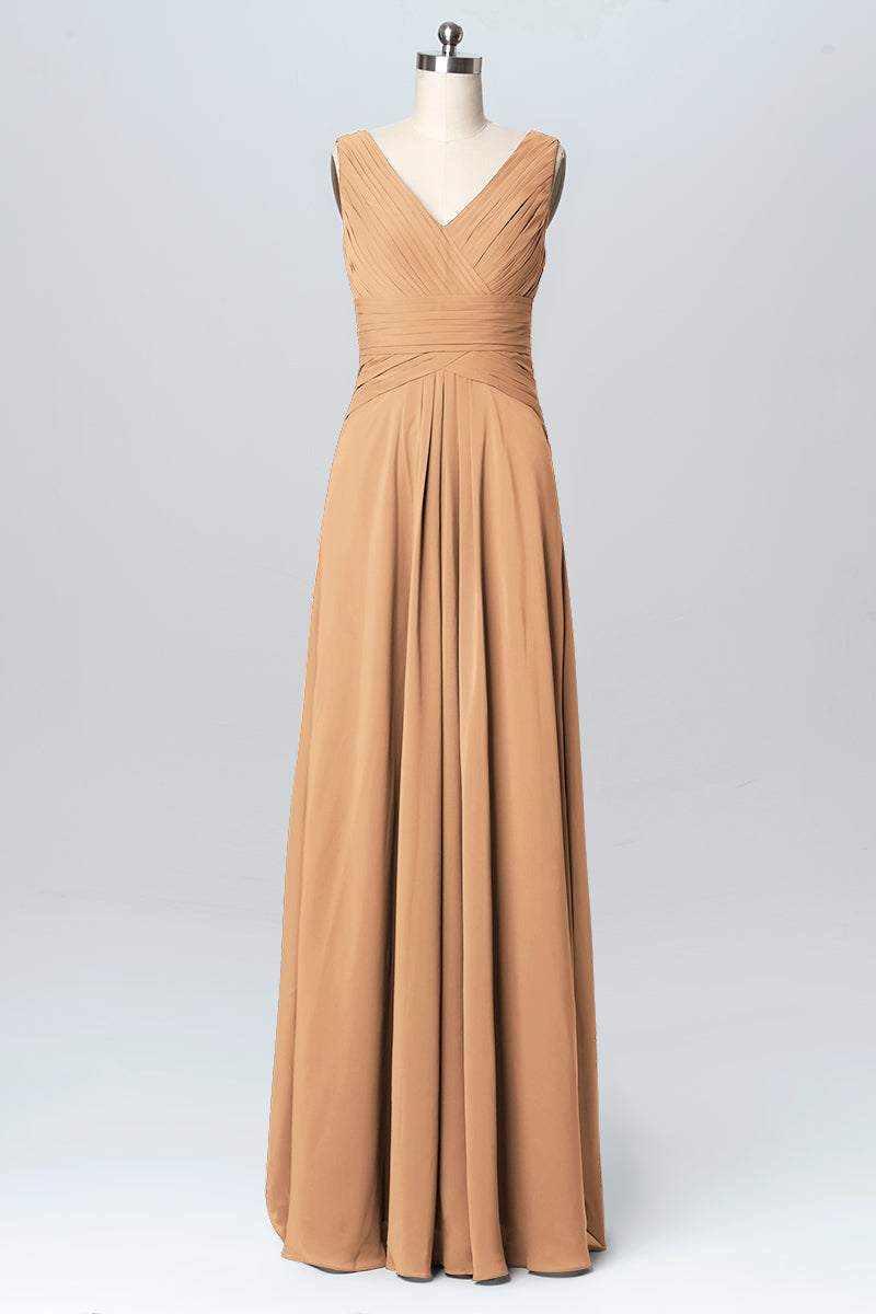 Chiffon Column V-Neck Sleeveless Bridesmaid Dress-B03097