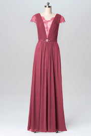 Lace Column V-Neck Short Sleeves Bridesmaid Dress-B03098