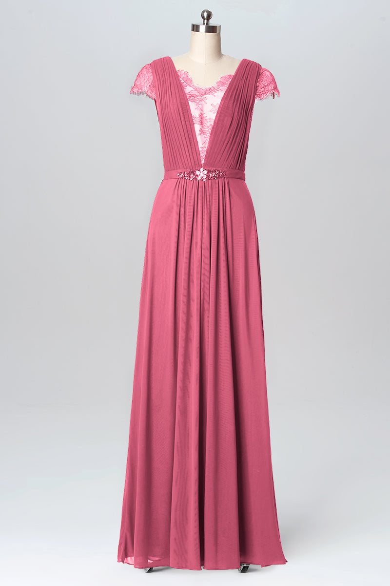 Lace Column V-Neck Short Sleeves Bridesmaid Dress-B03098