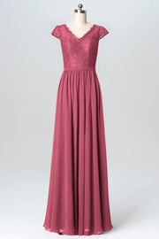 Lace Column V-Neck Cap Sleeves Bridesmaid Dress-B03099