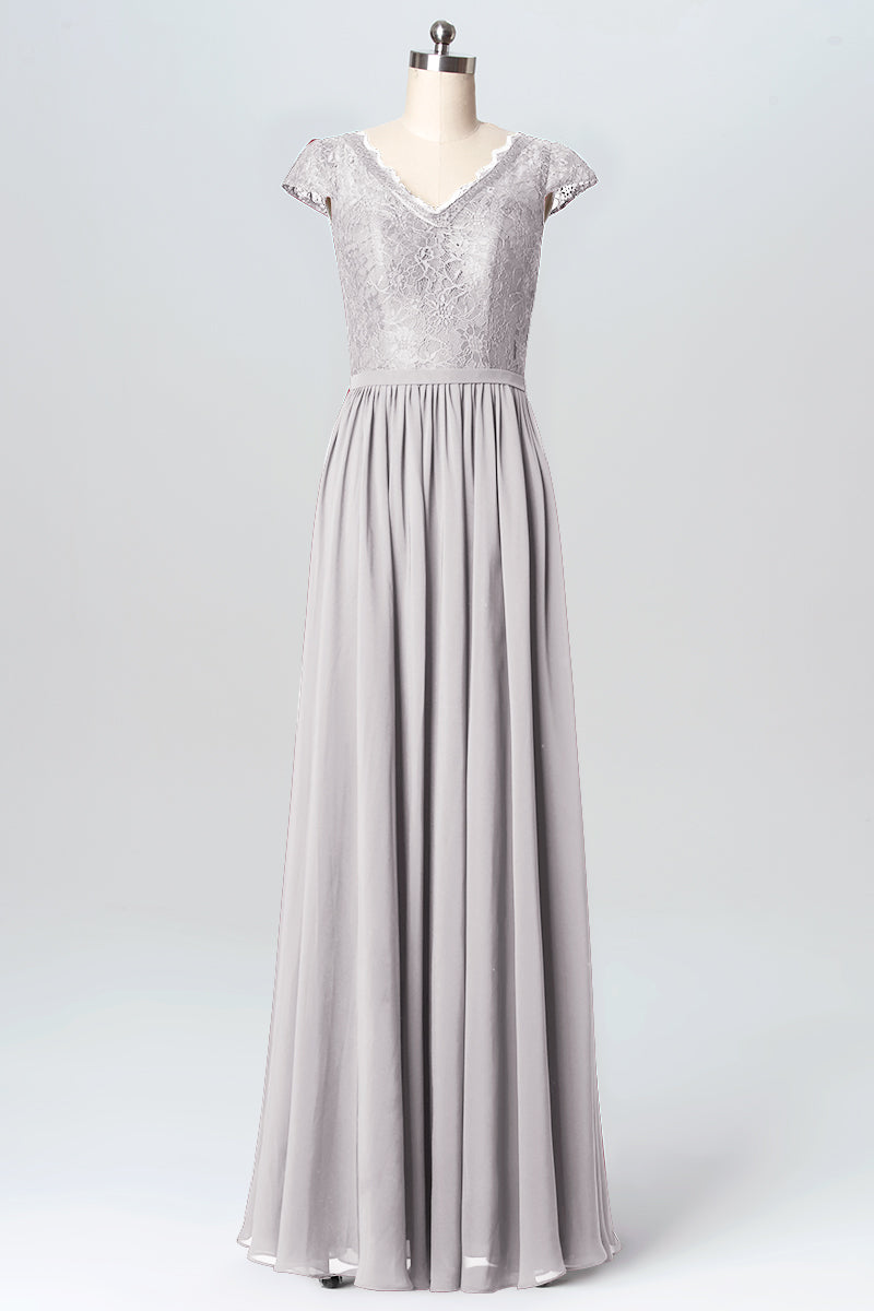 Lace Column V-Neck Cap Sleeves Bridesmaid Dress-B03099