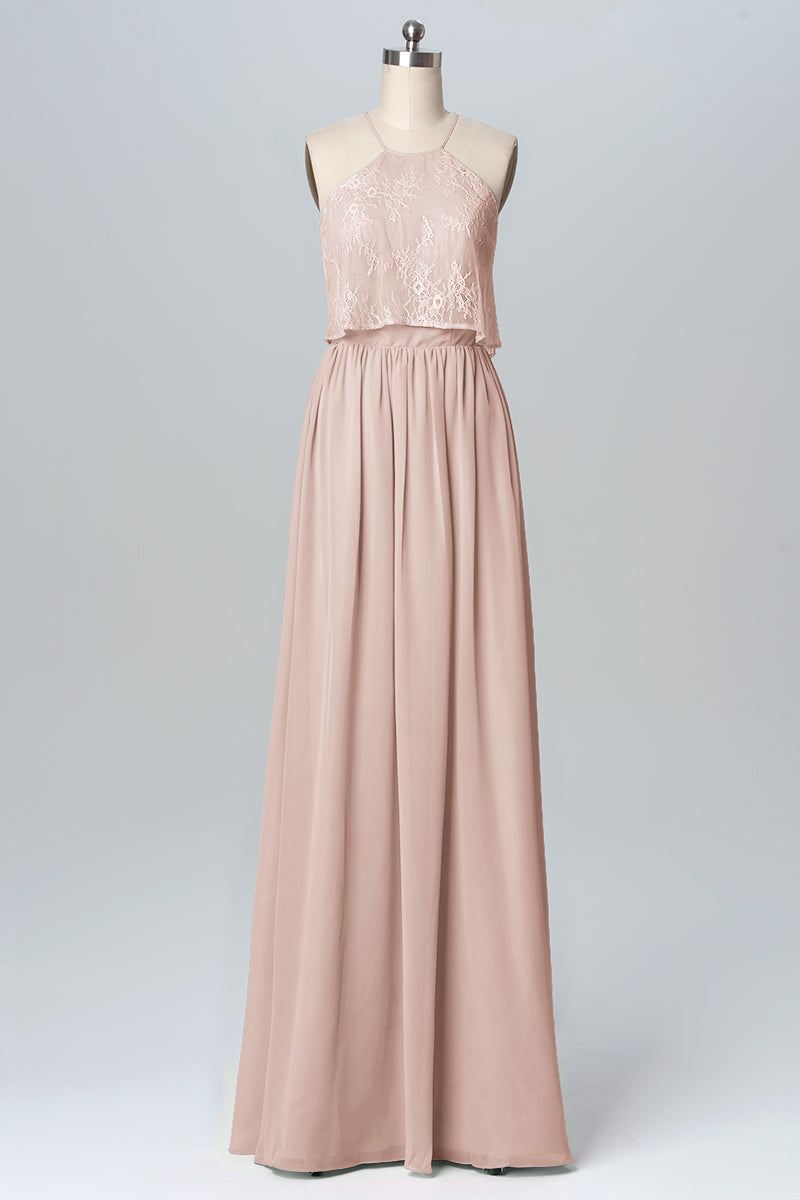 Chiffon Column Halter Sleeveless Bridesmaid Dress-B03101