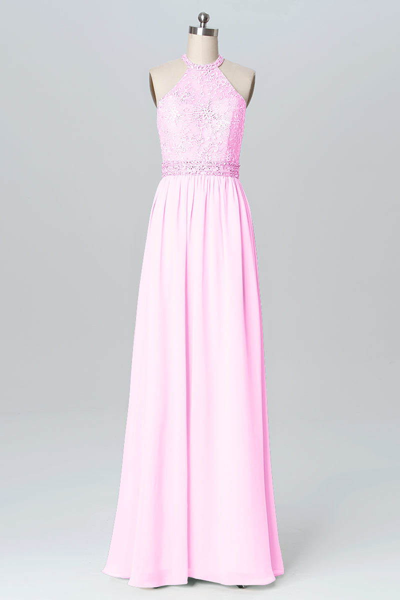 Lace Column Jewel Neck Sleeveless Bridesmaid Dress-B03105