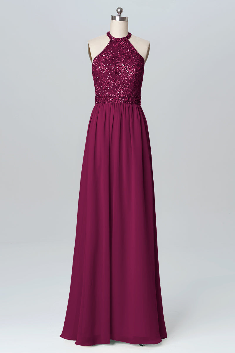 Lace Column Jewel Neck Sleeveless Bridesmaid Dress-B03105