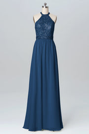 Lace Column Jewel Neck Sleeveless Bridesmaid Dress-B03105