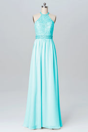 Lace Column Jewel Neck Sleeveless Bridesmaid Dress-B03105