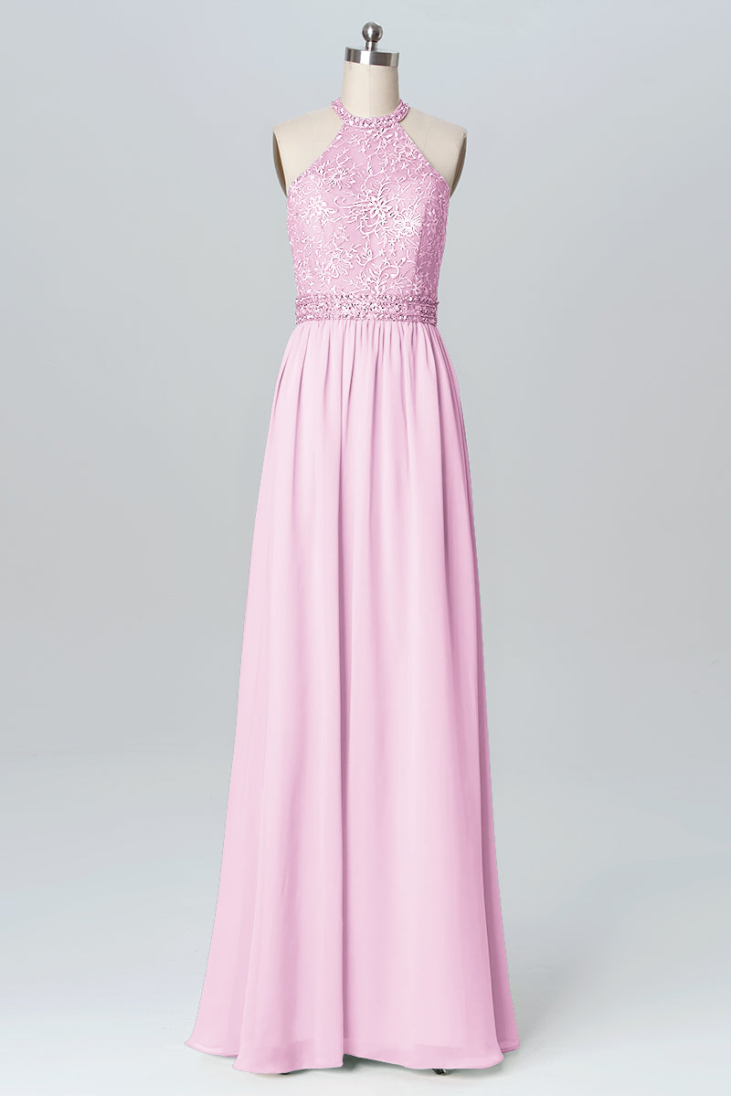 Lace Column Jewel Neck Sleeveless Bridesmaid Dress-B03105