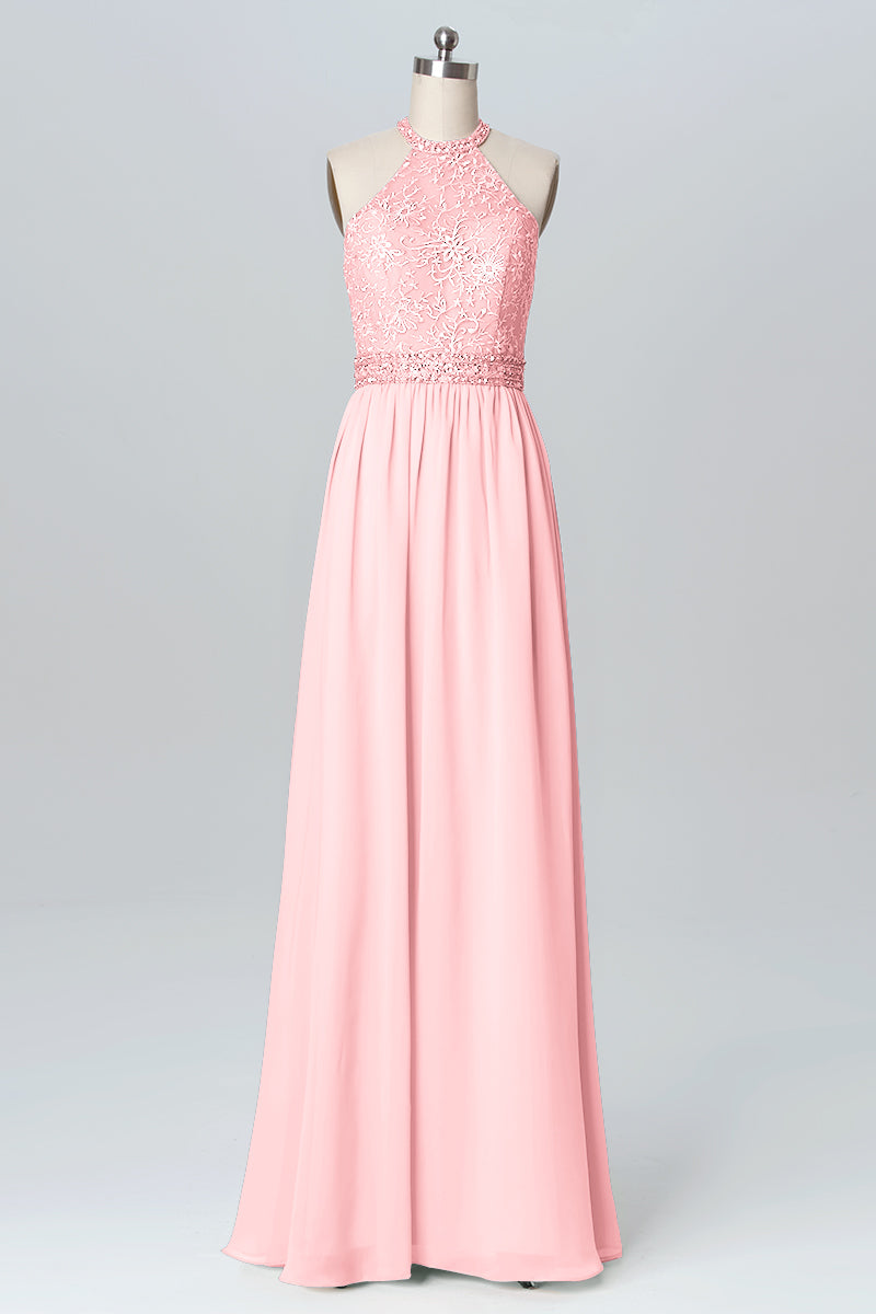 Lace Column Jewel Neck Sleeveless Bridesmaid Dress-B03105