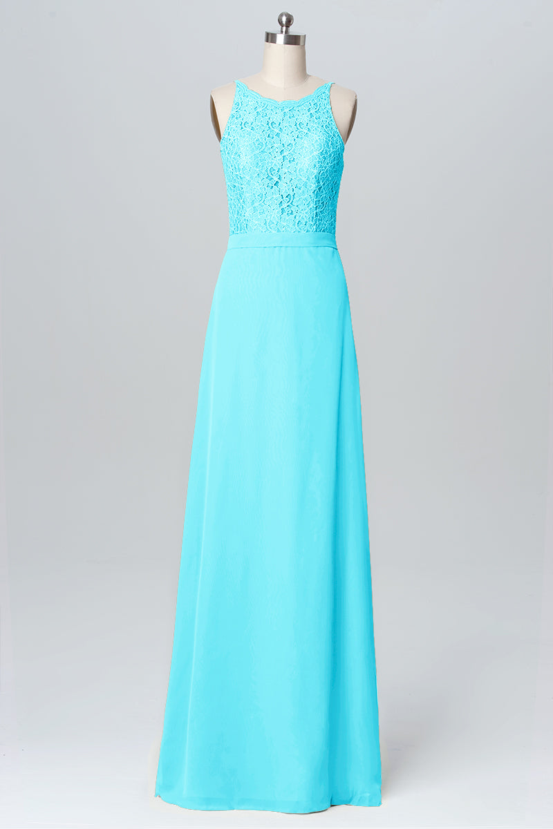 Lace Column Scoop Neck Sleeveless Bridesmaid Dress-B03108