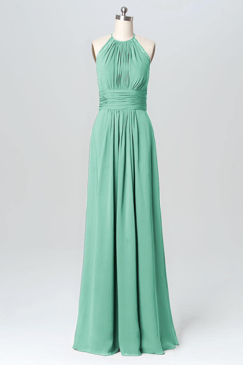 Lace Column Halter Sleeveless Bridesmaid Dress-B03110