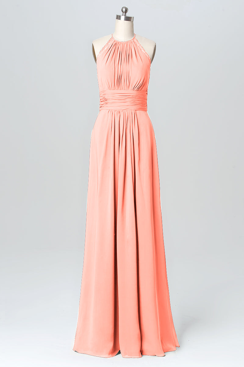 Lace Column Halter Sleeveless Bridesmaid Dress-B03110