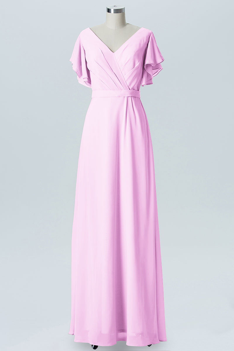 Chiffon Column V-Neck Sheer Sleeves Bridesmaid Dress-B07919