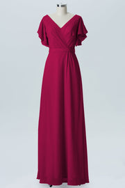 Chiffon Column V-Neck Sheer Sleeves Bridesmaid Dress-B07919