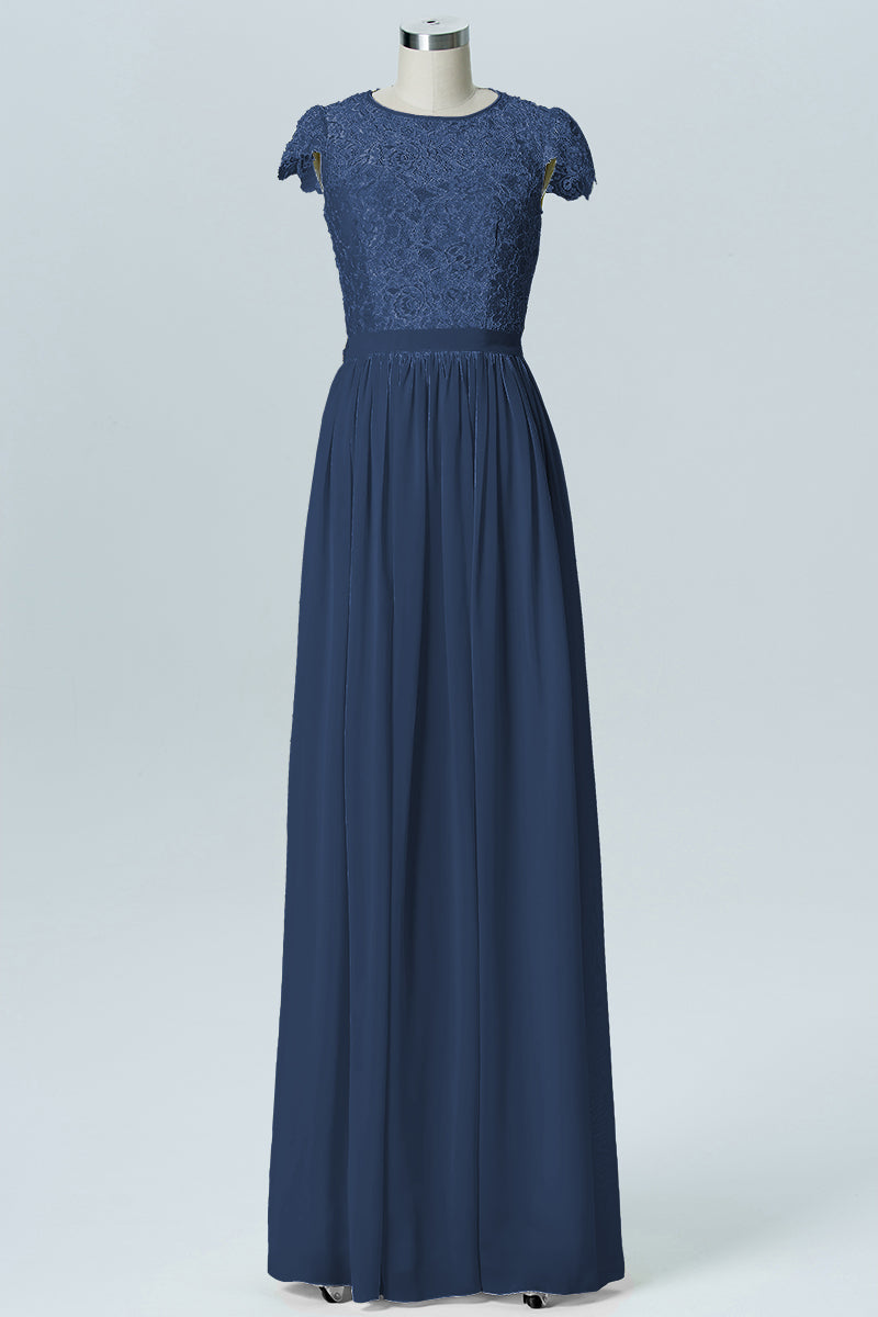 Lace Column Scoop Neck Sheer Sleeves Bridesmaid Dress-B08170
