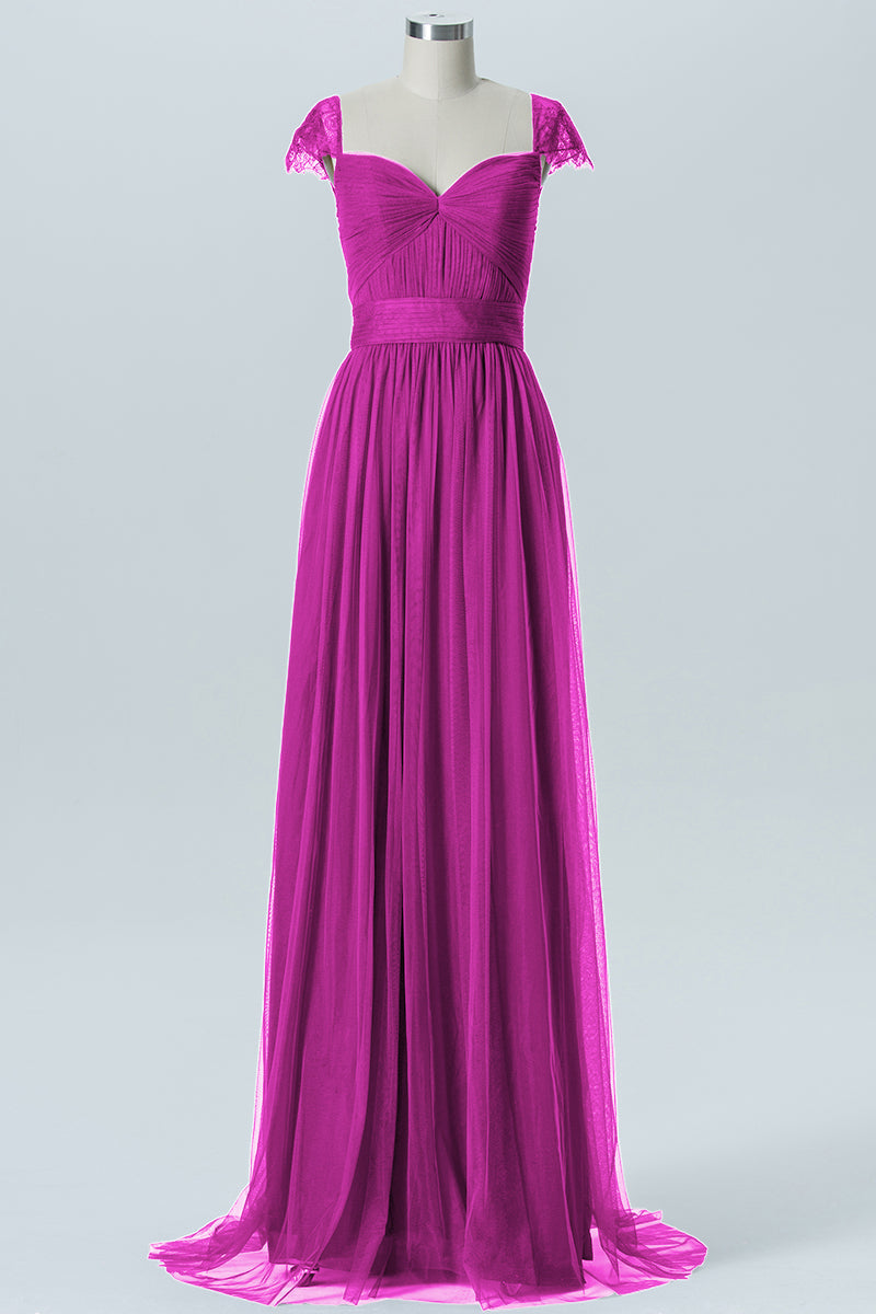 Lace Column Jewel Neck Short Sleeves Bridesmaid Dress-B08223