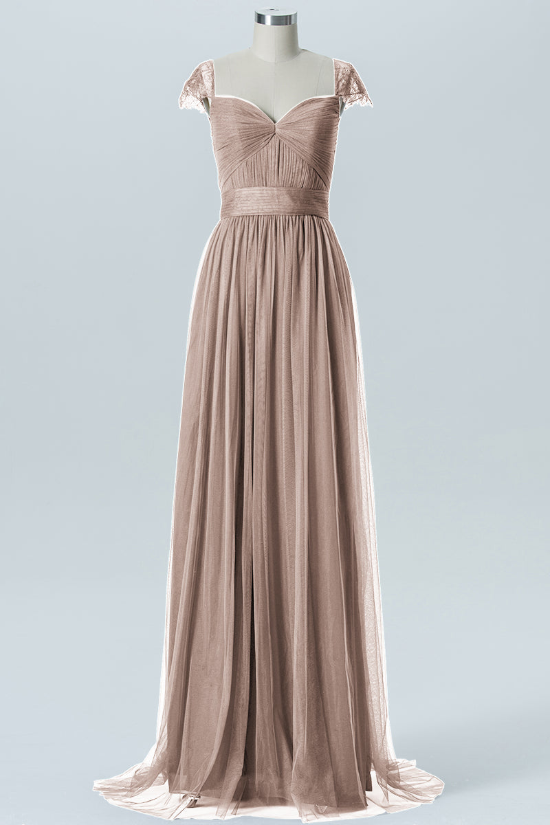 Lace Column Jewel Neck Short Sleeves Bridesmaid Dress-B08223