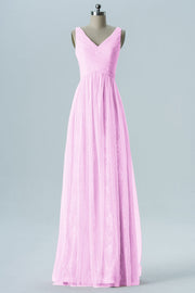 Lace Column V-Neck Sleeveless Bridesmaid Dress-B08306