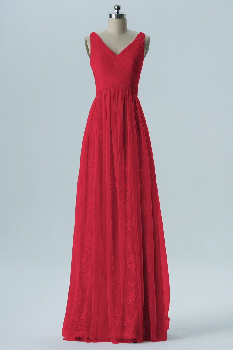 Lace Column V-Neck Sleeveless Bridesmaid Dress-B08306