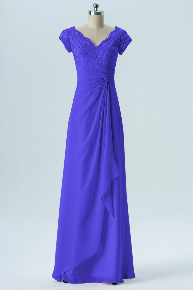 Lace Column Scalloped Edge Short Sleeves Bridesmaid Dress-B13617
