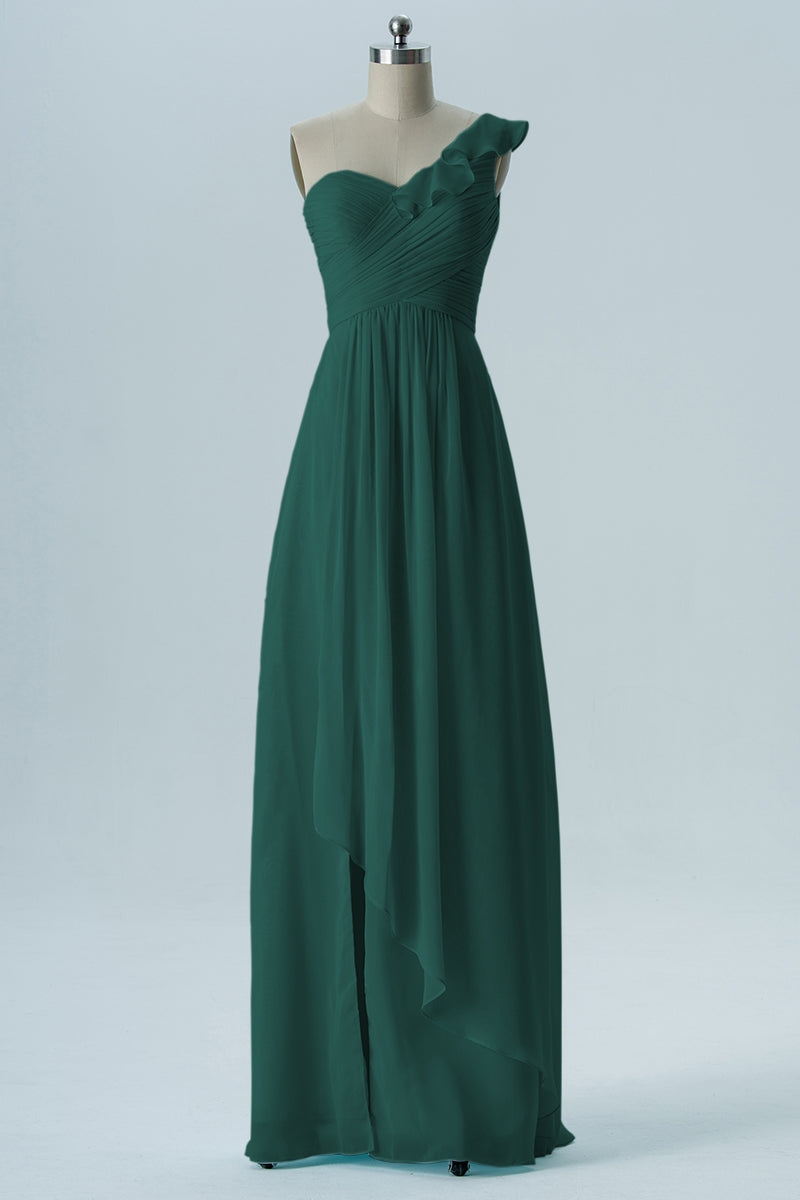 Chiffon Column One Shoulder Short Sleeves Bridesmaid Dress-B13620