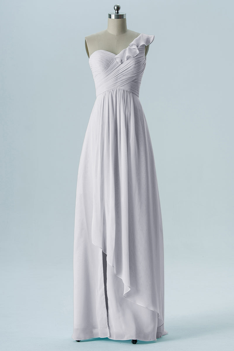 Chiffon Column One Shoulder Short Sleeves Bridesmaid Dress-B13620