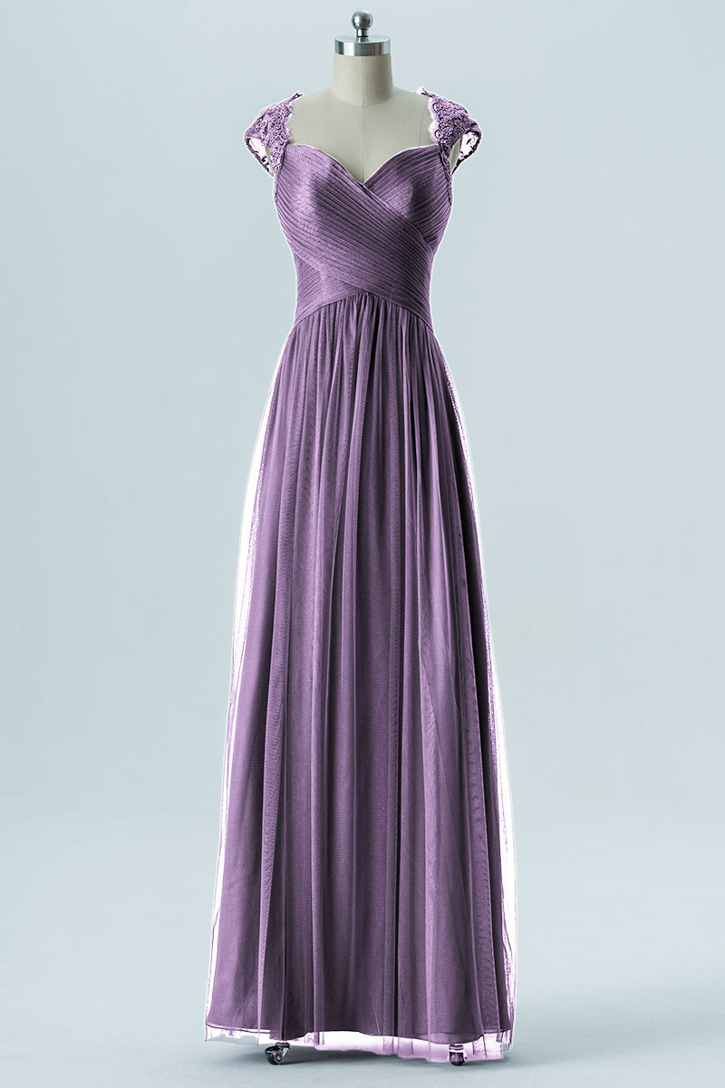 Lace Column Sweetheart Cap Sleeves Bridesmaid Dress-B13638