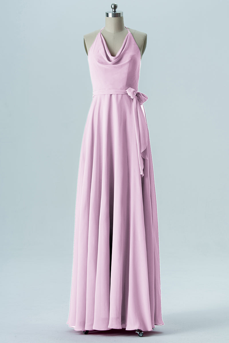 Chiffon Column Halter Sleeveless Bridesmaid Dress-B13642