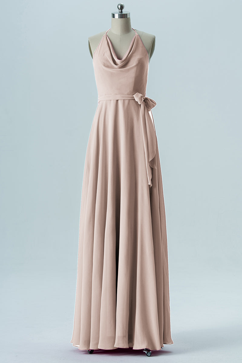 Chiffon Column Halter Sleeveless Bridesmaid Dress-B13642
