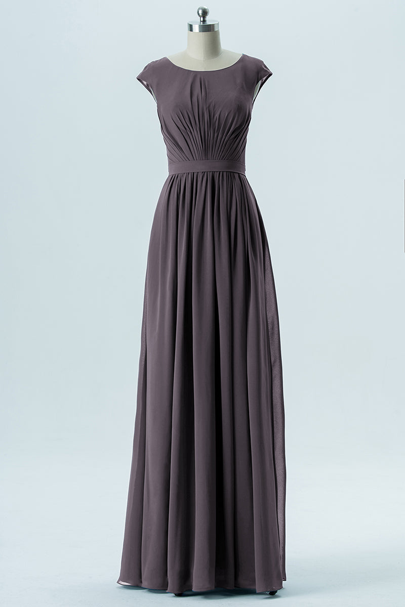 Chiffon Column Scoop Neck Cap Sleeves Bridesmaid Dress-B13652
