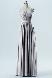 Chiffon Column Scoop Neck Cap Sleeves Bridesmaid Dress-B13652