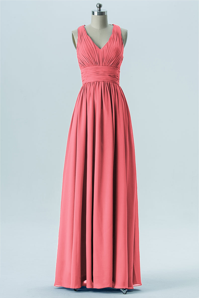 Chiffon Column V-Neck Sleeveless Bridesmaid Dress-B13653