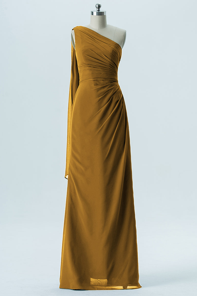 Chiffon Column One Shoulder Sleeveless Bridesmaid Dress-B13656
